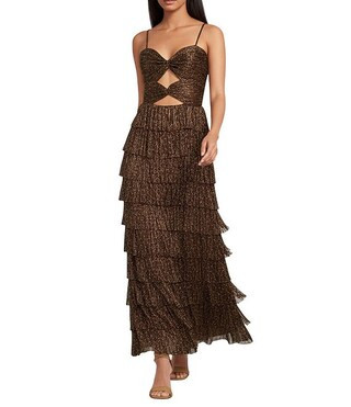 Gianni Bini Grace Metallic Plisse Sweetheart Neck Cut-Out Tiered Dress | Dillard's | Dillard's