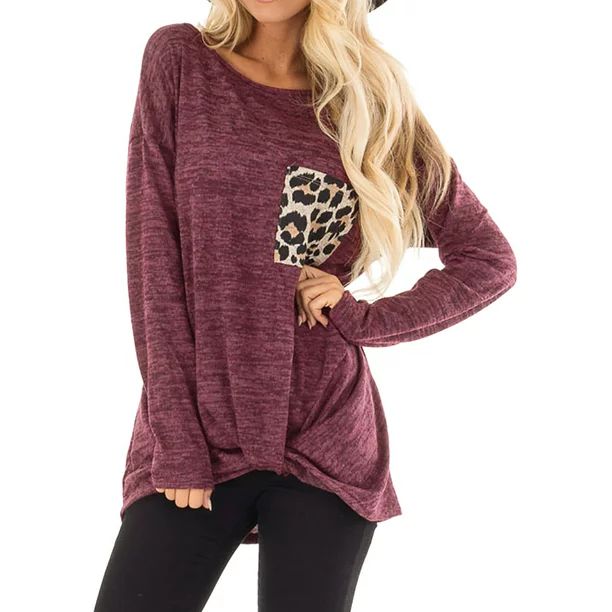 Nlife Women's Long Sleeve Round Neck Leopard Pocket Knot Top | Walmart (US)