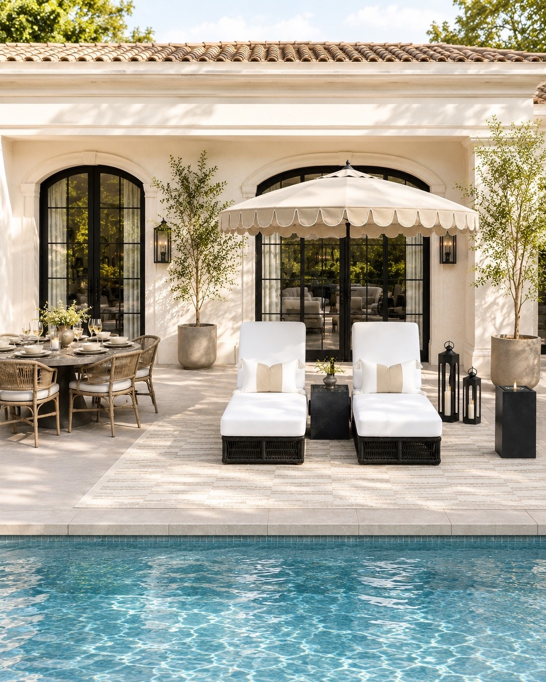 Relaxing and elevated Amazon summer patio-  furniture and decor ideas, neutral aesthetic,chairs loungers, area rug, water fountain, outdoor olive tree, fire column, acrylic dishes and glasses, patio table, outdoor table, backyard, Pottery Barn, Restoration Hardware style.

#LTKsummer #LTKhome #LTKsale