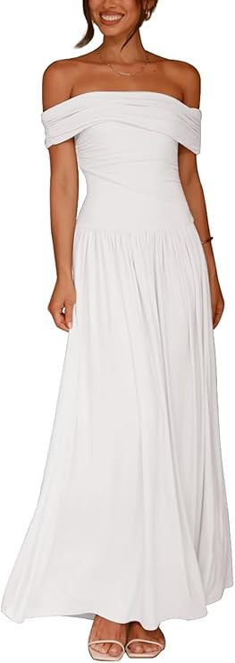 Women's Off The Shoulder Maxi Dress Bodycon Ruched Flowy Long Dresses Pleated Formal Dress | Amazon (US)