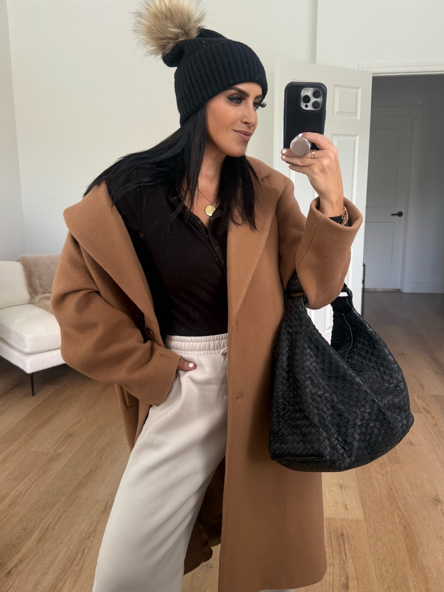 Wilfred The Only Coat - Wool Cashmere. Time and Tru Women's and Women's Plus V Neck Tunic Sweatshirt wearing size medium. Abercrombie High Rise Wide Leg Sunday Sweatpant. Adidas Leopard Sambas