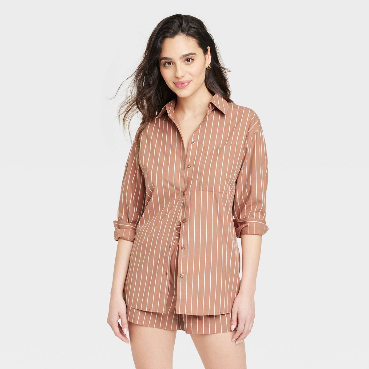 Women's Long Sleeve Button-Down Shirt - A New Day™ Brown Striped M | Target