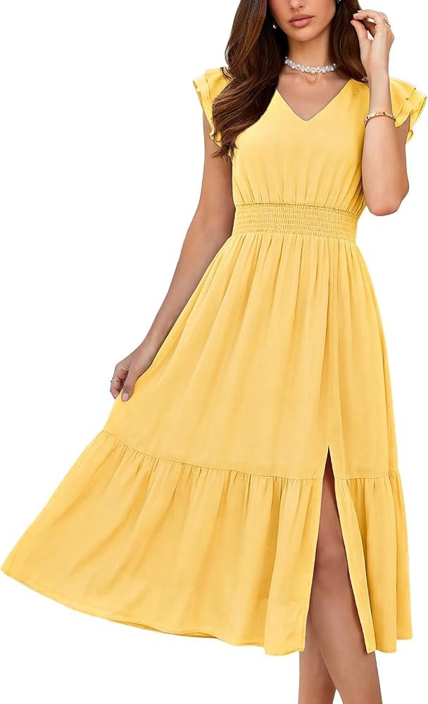 GRACE KARIN 2026 Womens Summer Dresses V Neck Ruffle Sleeve Floral Boho Beach Dress A-Line Swing ... | Amazon (US)