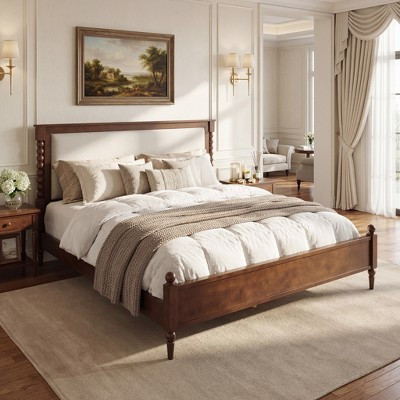 Queen Size Platform Bed Frame with Upholstered Headboard, Spindle Accent Bed, Brown - ModernLuxe | Target