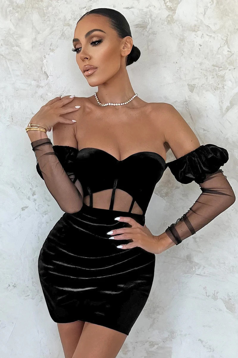 Please Me | Black Corset Detail Mini Dress With Mesh Sleeves | Club L London