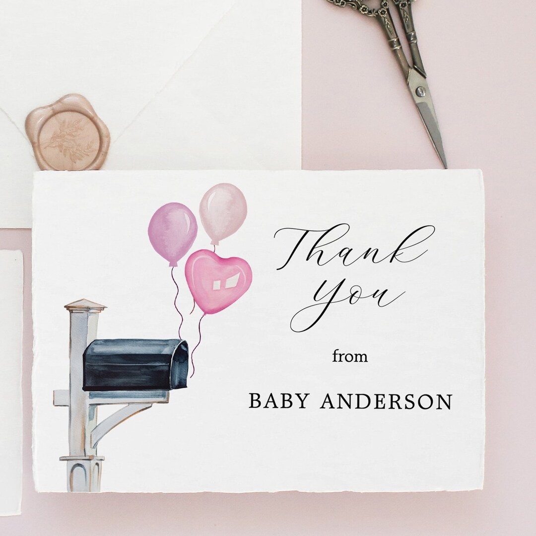 Baby Shower Thank You Postcard Printable Pink Balloons Mailbox Instant Download, Baby Shower by M... | Etsy (US)