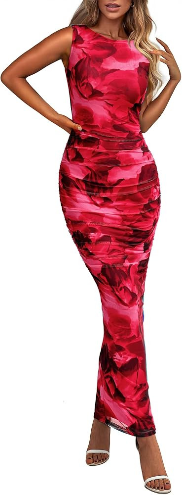 BTFBM Women Bodycon Maxi Dresses 2025 Summer Sleeveless Floral Ruched Slit Mesh Party Cocktail We... | Amazon (US)