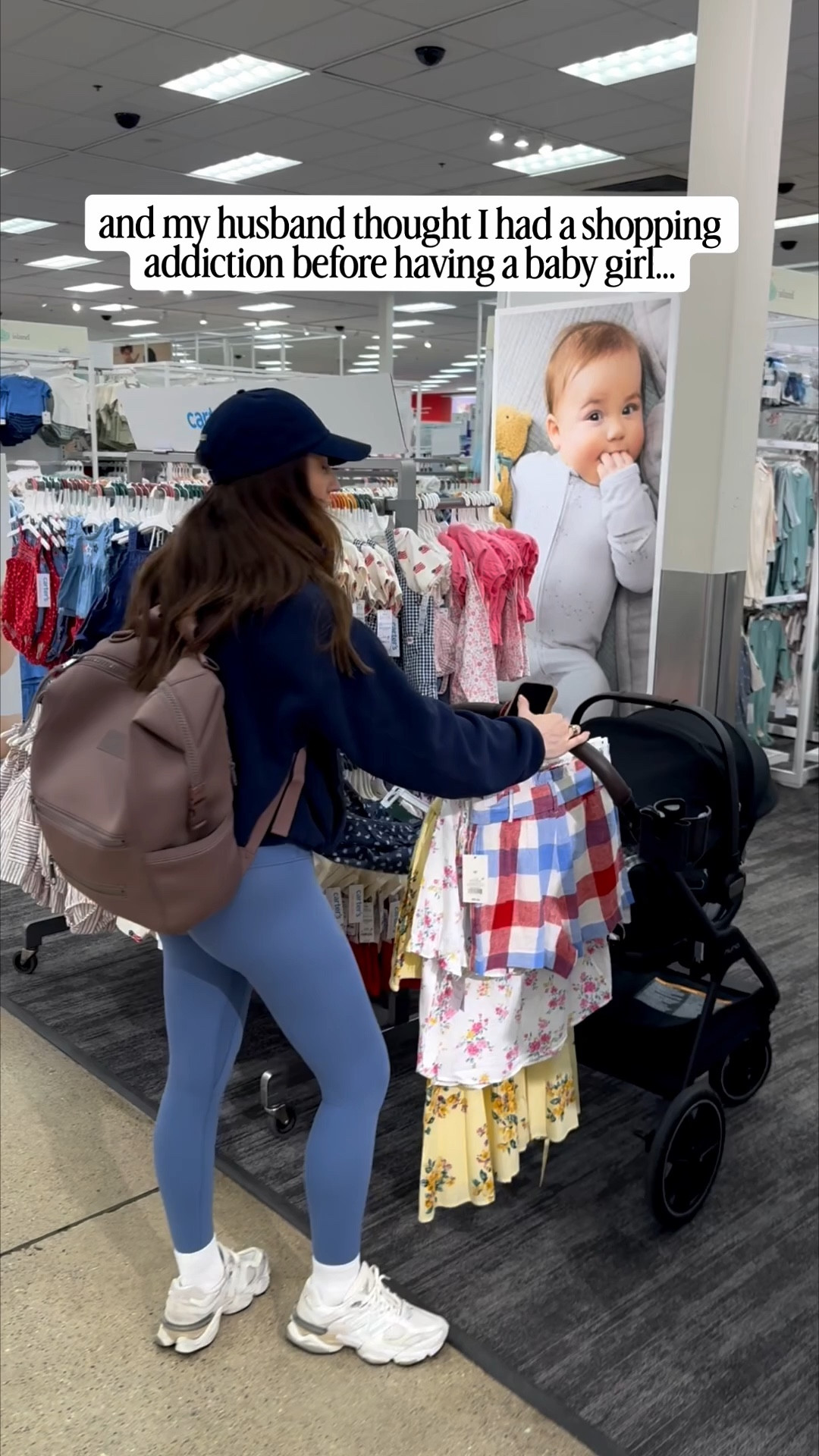 Outfit of the day to go to target! My Lululemon align leggings are on sale in this colorway. I’m wearing a size 2. Diaper bag and stroller + car seat attached! 