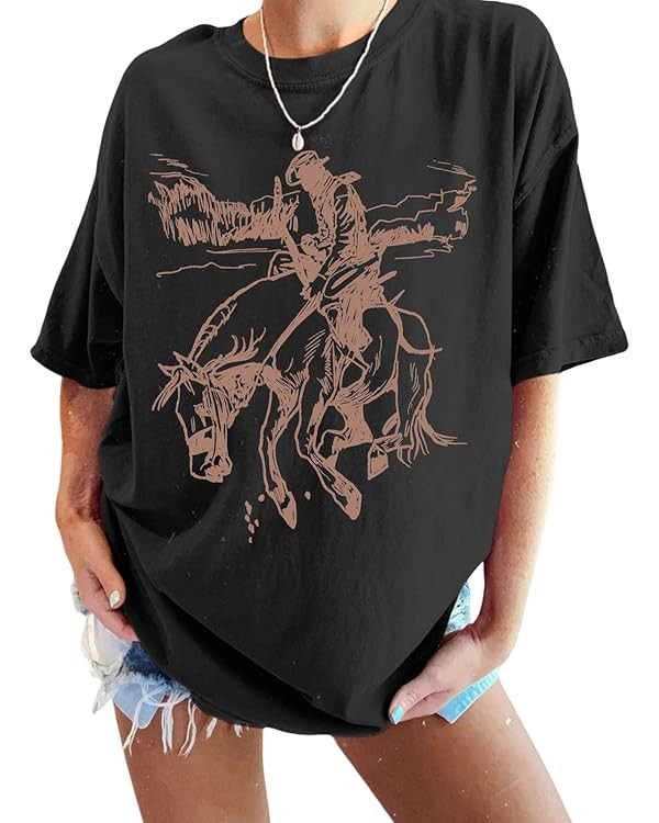 Western Cowboy Shirts for Women Oversized Vintage Rodeo Graphic Tees Boho Country Music Cute Cowg... | Amazon (US)