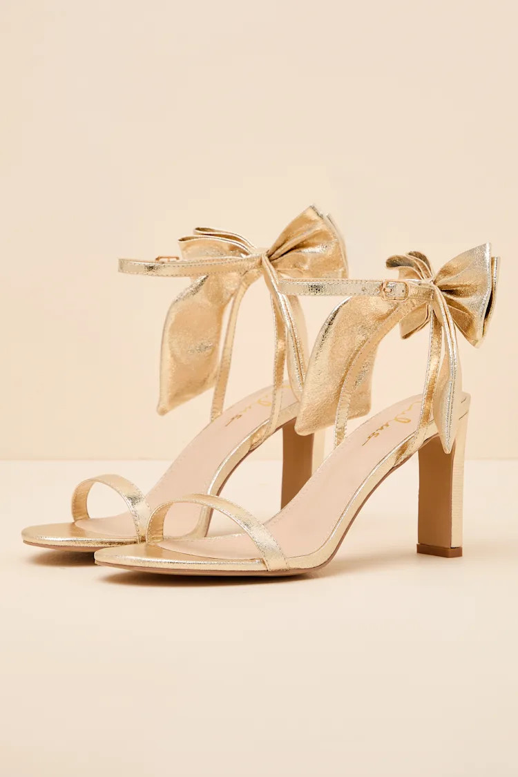 Allianna Gold Crinkle Bow High Heel Ankle Strap Sandals | Lulus