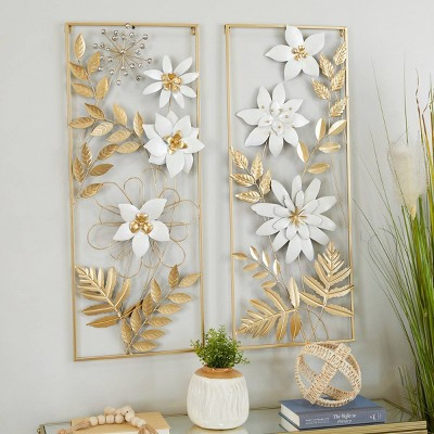Set of 2 Metal Floral Wall Decors with Gold Frame - Olivia & May: Coastal Style, Botanical Art, Vertical Display | Target
