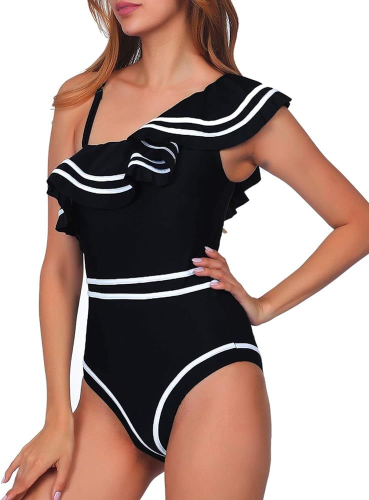Women One Piece Nave Vintage Swimsuits One Shoulder Ruched Flounce High Waisted Swimwear Nautical... | Amazon (US)