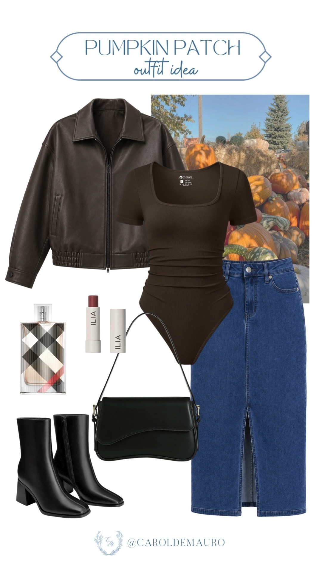 pumpkin patch, outfit idea, brown and black outfit, leather jacket, bodysuit, maxi denim skirt, block heeled boots, fall fashion, autumn wear, elevated casual look, petite fashion, modest style

#LTKootd #LTKPetite #LTKU