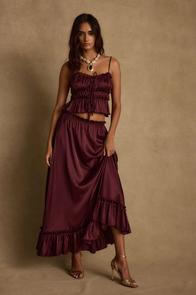Dahlia Mulberry Satin Maxi Skirt | 12th Tribe
