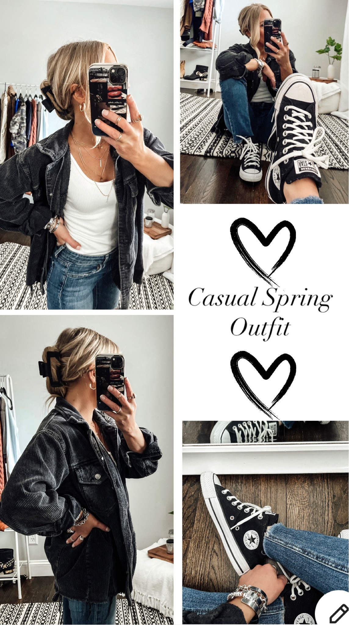 Casual Spring Outfit Inspo 🤍
:
Hixiaohe Women's Casual Oversized Button Down Corduroy Shirt Jacket Coat Washed Retro Shacket from Amazon – Color: Black (size XS) - $42.99
(( 15% off click coupon ))
 •
Women's Seamless Slim Fit Tank Top - A New Day™ Target – Color: White (size XS) - $15.00
 •
CONVERSE WOMENS CHUCK TAYLOR ALL STAR MADISON HIGH TOP SNEAKER - BLACK
(TTS) -$65.00
 
Casual outfits, spring outfits, spring fashion, Spring style, shackets, black denim, Corduroy jacket, Converse, Layered Necklaces,
Black shacket, amazon finds, amazon jackets, Shein, chuck taylors, hair clips, jewelry,
Sneakers

#LTKunder100 #LTKshoecrush #LTKstyletip