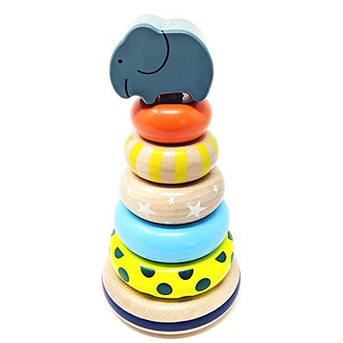 Orcamor Organic Wooden Stacking Rings Toy with Elephant Topper - Montessori Wooden Rainbow Stacking  | Amazon (US)
