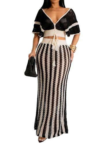 Amazon.com: Angsuttc Skirt Sets Women 2 Piece Outfits Crochet Crop Tops and Striped Maxi Skirt Va... | Amazon (US)