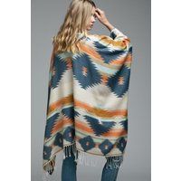 Fall + Winter Aztec Soft Poncho Open Front Sweater Kimono Cardigan | Etsy (US)