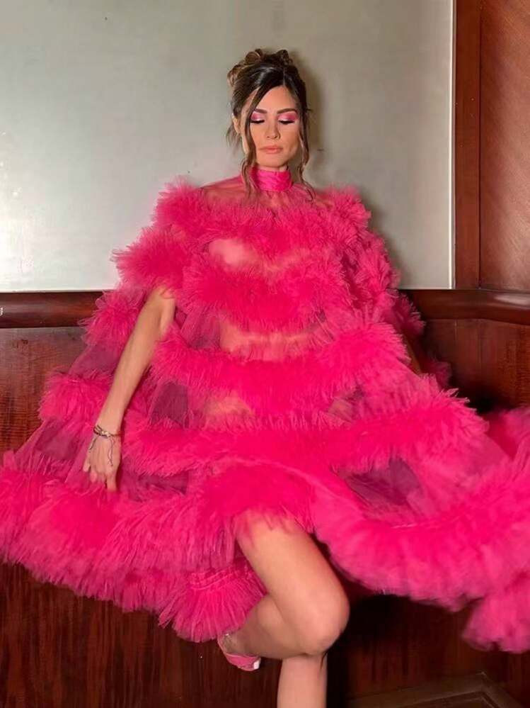 Layered Mesh Patchwork A-Line Dress With Cape-Styled Ruffle Hem, Bride & Elegant Style, Versatile | SHEIN