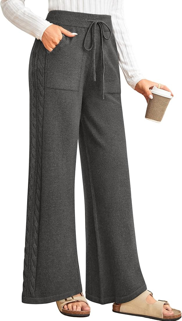 Arach&Cloz Womens 2024 Winter Sweater Pants Wide Leg Elastic High Waist Cute Casual Flowy Lounge ... | Amazon (US)