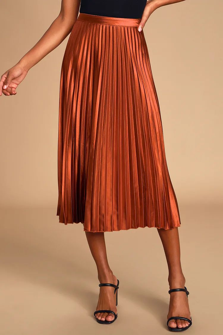 Fashionable Babe Rust Brown Satin Pleated Midi Skirt | Lulus (US)