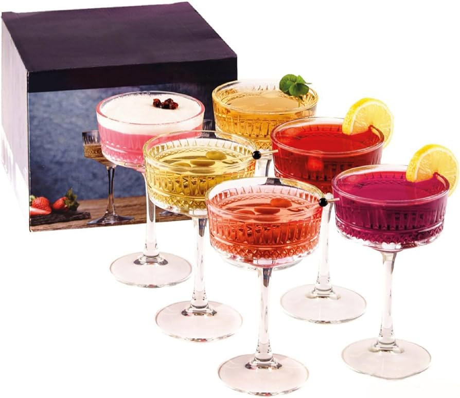 The Buybox Vintage Coupe Glasses Set of 6, Champagne, Cocktail, Martini, Wine Glasses, Long Stem ... | Amazon (US)