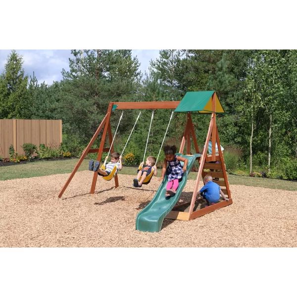 KidKraft Sunview II Wooden Outdoor Swing Set with Swings, Slide and Rock Wall | Wayfair North America