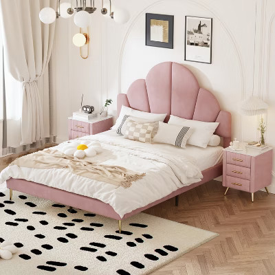 3 Pieces Bedroom Sets, Queen Size Velvet Upholstered Bed Frame with Petal Shape Headboard,  2 Nightstands with 3 Drawers, Pink -ModernLuxe | Target