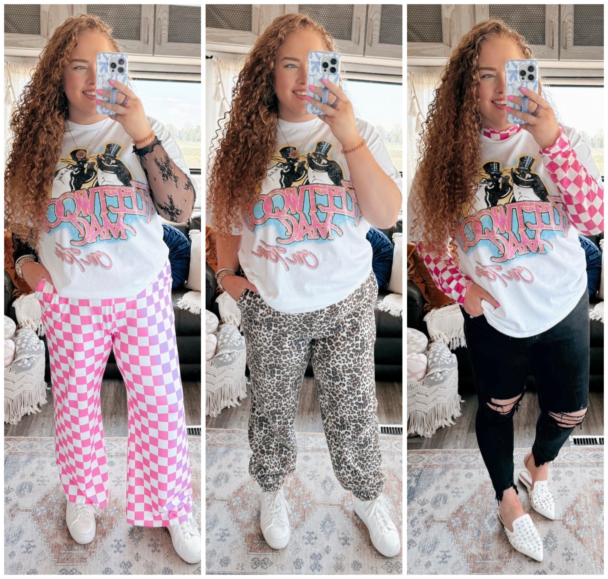 A graphic tee kind of mood ⚡️Bold, effortless, and always on rotation 🤩Because one look is never enough 💖✨ band tee | buckle band tee | buckle graphic tee | checkered pants outfit | checkered pants style | amazon pink checkered pant | sneakers | amazon sneakers | white sneakers | amazon white sneakers | lace long sleeve | lace layering top | amazon lace long sleeve | amazon fashion | amazon finds | amazon look | amazon outfit | spring outfit | spring look | spring fashion | spring finds | spring outfit inspo | spring fashion inspo | spring 2025 | spring outfit  | casual outfit  | casual outfit inspo | street edge | fearless fashion | contrast details | unapologetic style | rebel chic | power dressing | dramatic flair | leopard joggers | leopard print joggers | joggers outfit | joggers style | black skinny jeans | curvy jeans | mules | white mules | studded mules | amazon white mules 

#LTKSummerEdit #LTKMidsize #LTKSaleAlert