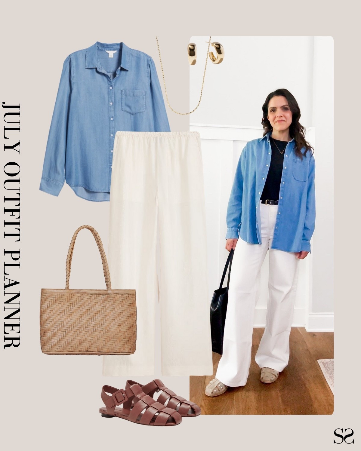 Planner to Person | Monthly outfit planner JULY: What I planned vs. how it’s worn: Summer looks, saved + styled outfit inspo | chambray shirt, white tank, trouser pants, fisherman sandals, woven tote 

#summeroutfit #casualstyle 


#LTKStyleTip