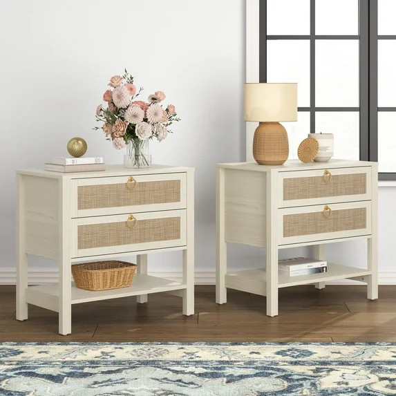 SICOTAS Cream White Nightstands Set of 2 for Small Spaces, Boho Nightstand Beside Table Oversized... | Walmart (US)