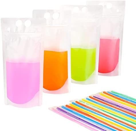 50 PCS Stand-Up Plastic Drink Pouches Bags with 50 Drink Straws, Heavy Duty Hand-Held Translucent Re | Amazon (US)