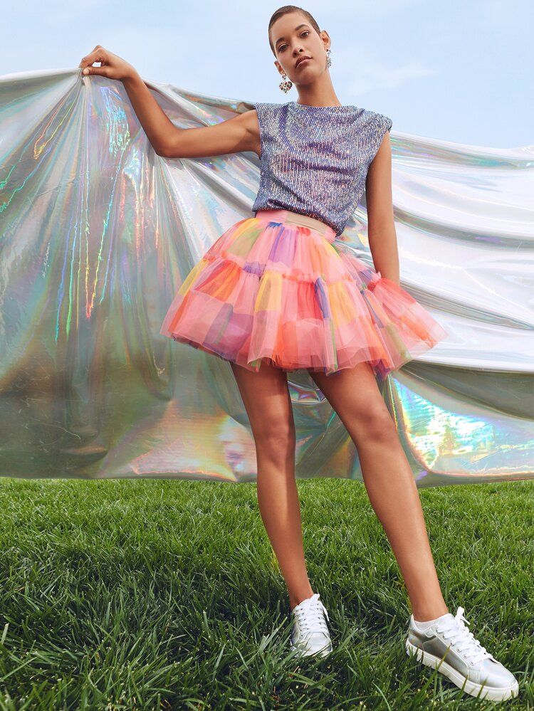 SHEIN X SHAQUITA GARCIA Colorblock High Waist Mesh Flared Skirt | SHEIN