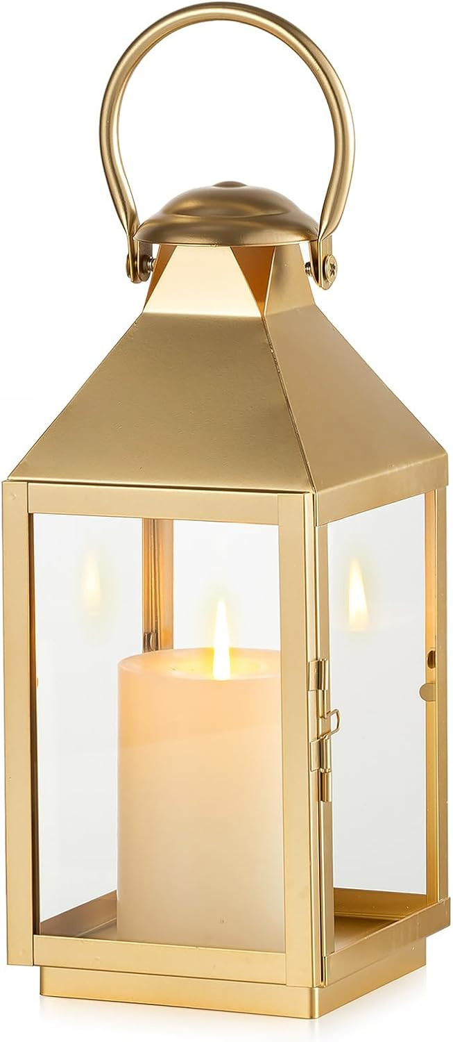 NUPTIO Gold Lanterns Decorative Indoor: 28.5cm Tall Metal Garden Lantern with Glass for Pillar Candle - Fireplace Decor for Christmas Home Living Room Mantle Porch Wedding Table | Amazon (UK)