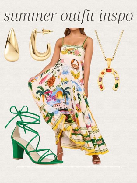 Amazon summer outfit inspo, printed maxi dress, charm necklace, gold earrings, green lace up heels, vacation outfit, date night outfit 

#LTKFindsUnder50 #LTKStyleTip #LTKShoeCrush