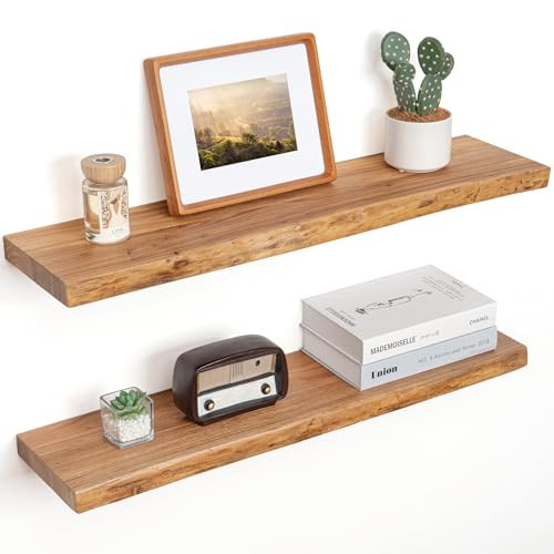 Floating Shelves for Wall Decor, Rustic Solid Elm Wood Live Edge Floating Shelves Wall Mounted, Wall Shelves with Invisible Bracket for Living Room Bathroom Bedroom Kitchen, 32 Inch Set of 2, Natural | Amazon (US)