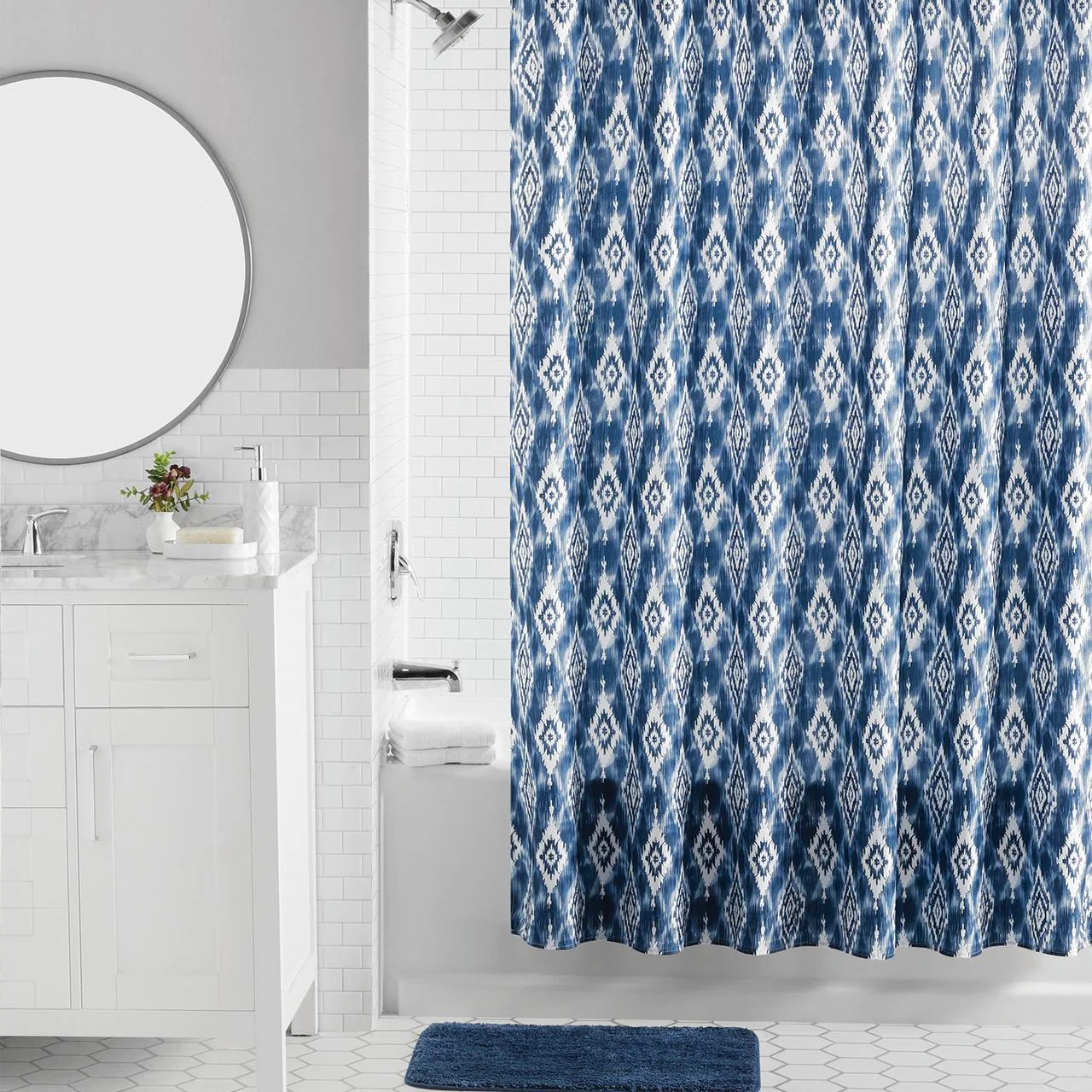Mainstays 16-Piece Blue Ikat Shower Curtain Bathroom Set – Fabric Curtain with Rug, Hooks, Soap... | Walmart (US)