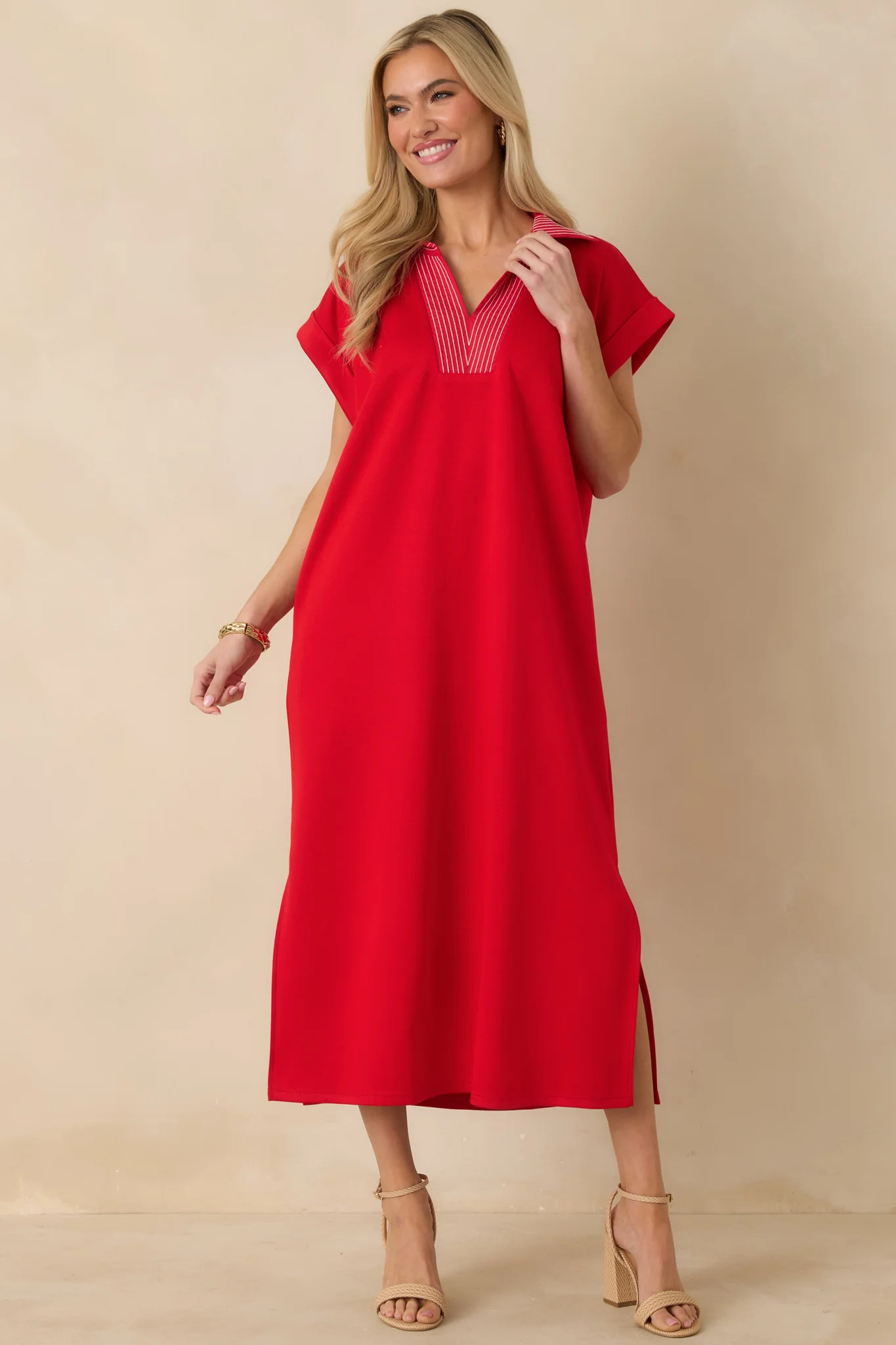 Let It Play Out Red Knit Contrast Detail V-Neck Short Sleeve Midi Dress | Red Dress
