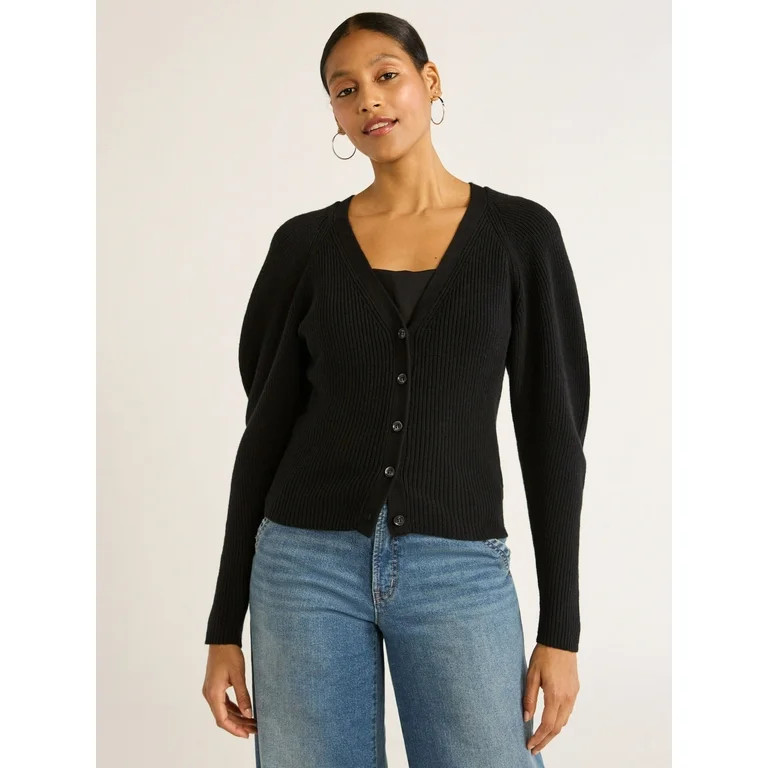 Scoop Women's Puff Sleeve Cardigan Sweater, Lightweight, Sizes XS-XXL - Walmart.com | Walmart (US)