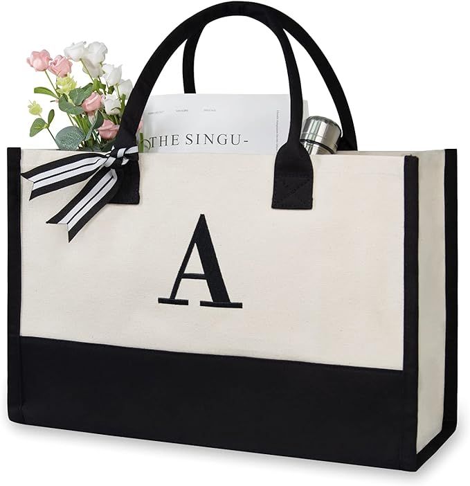 TOPDesign Personalized Initial Canvas Beach Bag, Monogrammed Gift Tote Bag for Women | Amazon (US)