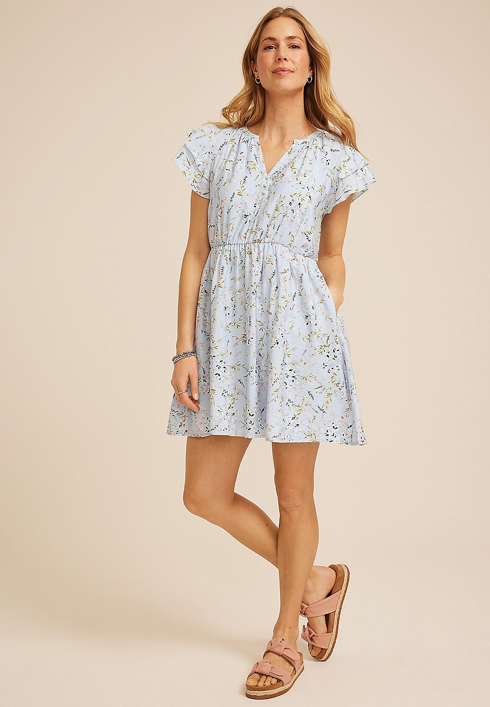 Floral Notch Neck Double Flutter Mini Dress | Maurices