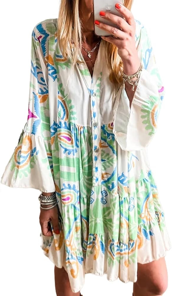 SELINK Womens Long Sleeve Dresses Casual V Neck Tribal Print Button Flowy Boho Mini Beach Dress | Amazon (US)