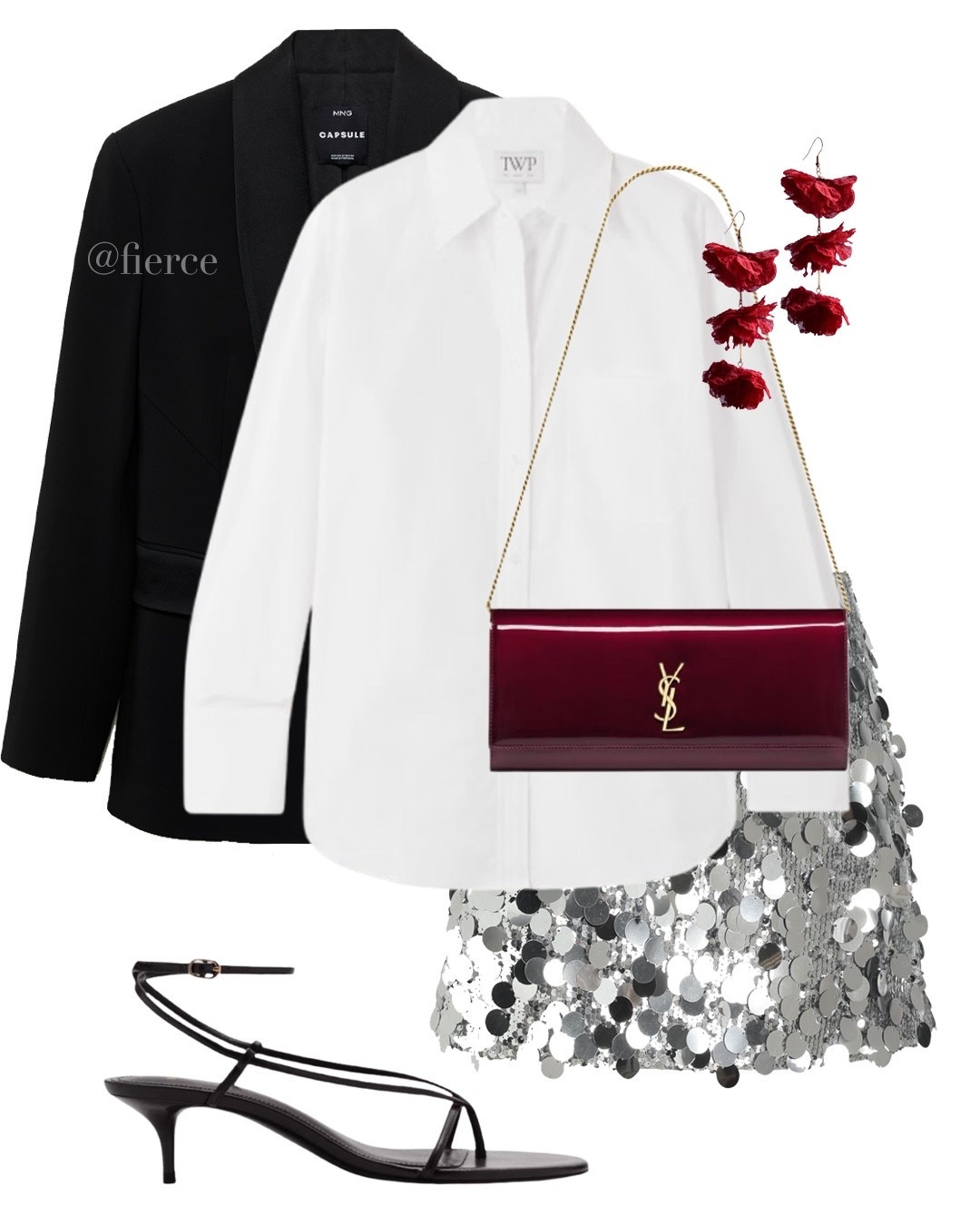 
black blazer white shirt red earrings burgundy clutch bag silver sequin skirt black minimalistic sandals chic outfit nye outfit party look date night look

#LTKdatenight #LTKuk #LTKpartywear