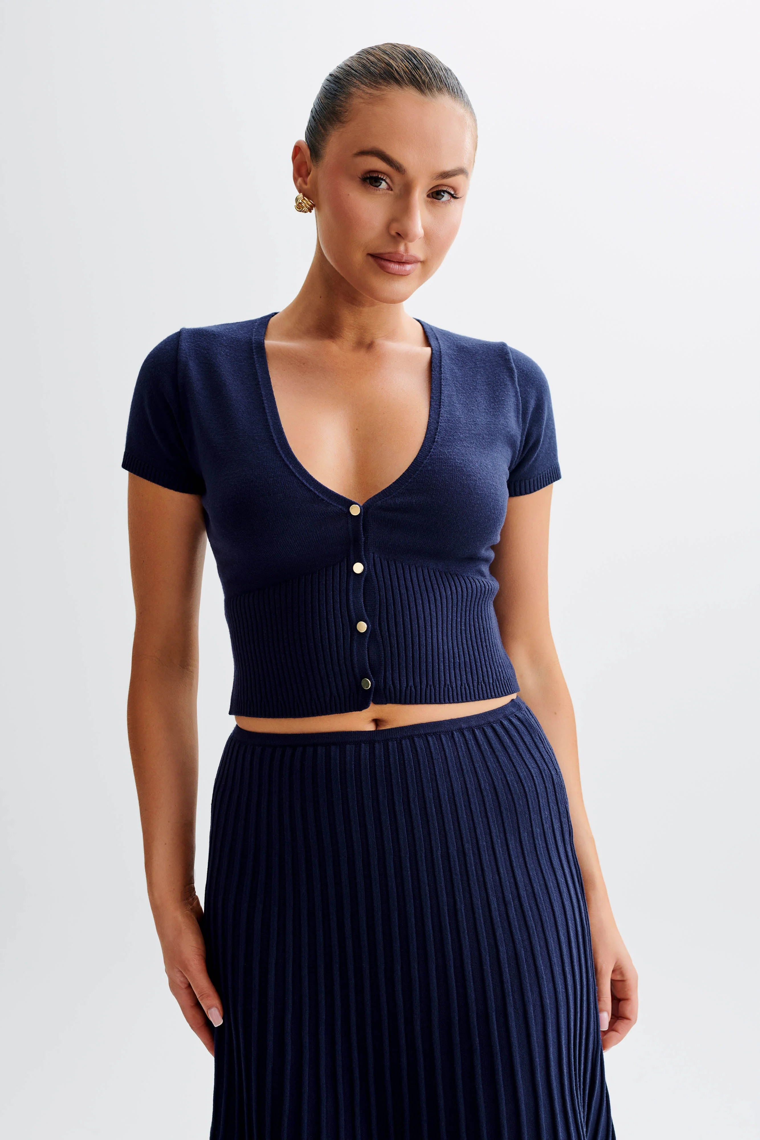 Jolene Button Up Knit Top - Navy | MESHKI US
