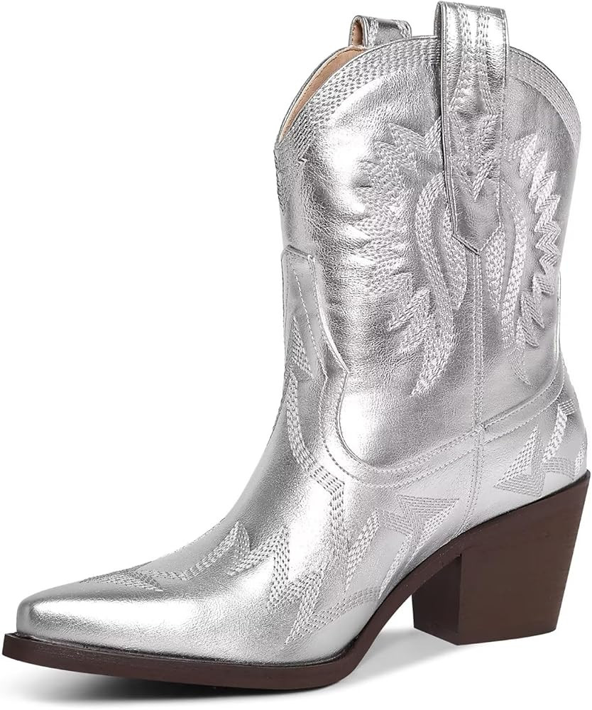 Western Boots for Women Metallic Embroidered Pointed Toe Cowgirl Boots Chunky Heel Pull-On Short ... | Amazon (US)