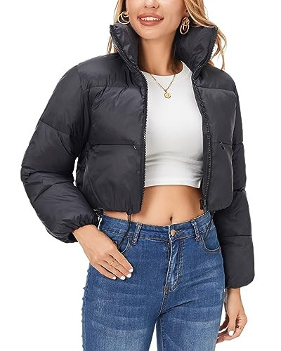 Fuinloth Women's Puffer Jacket, High Stand Collar Zip Pocket Crop Long Sleeve Coat Black Small | Amazon (US)