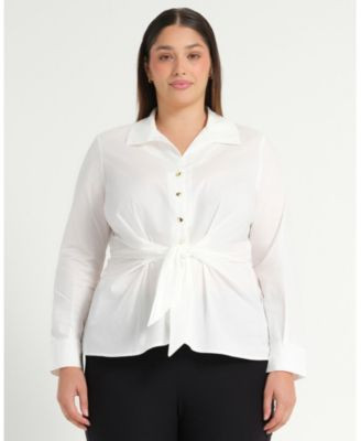 Estelle Plus Size Leo Collared V-Neck Button Tie-Front Shirt - Milk | Macy's