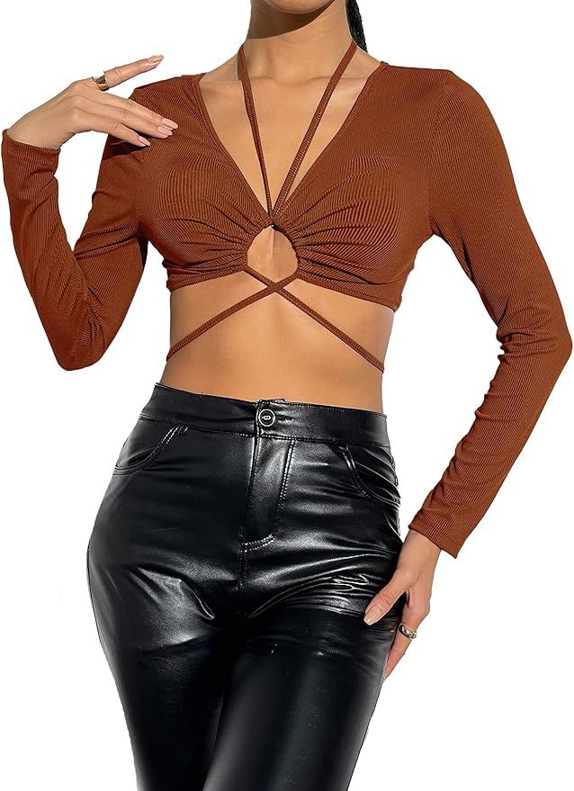 SheIn Women's Long Sleeve Crisscross Ruched Cut Out Tie Back Crop Tee Tops | Amazon (US)