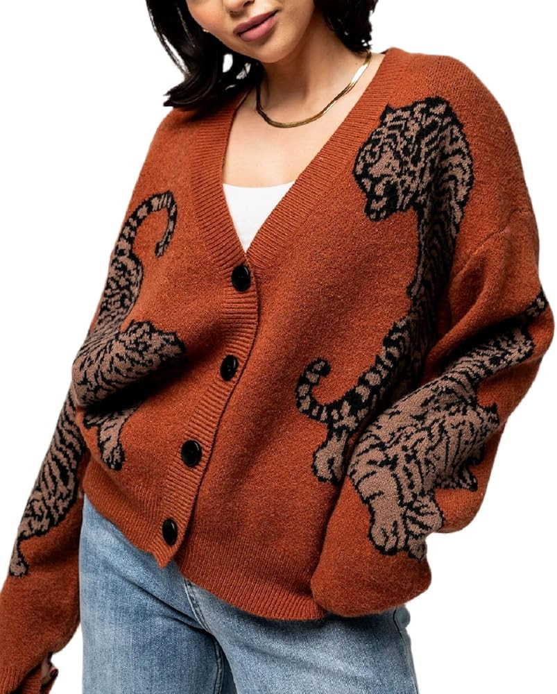 Tiger Print Cardigan Sweaters for Women Button Up Crop Knitted Cardigans Vintage Casual Long Slee... | Amazon (US)