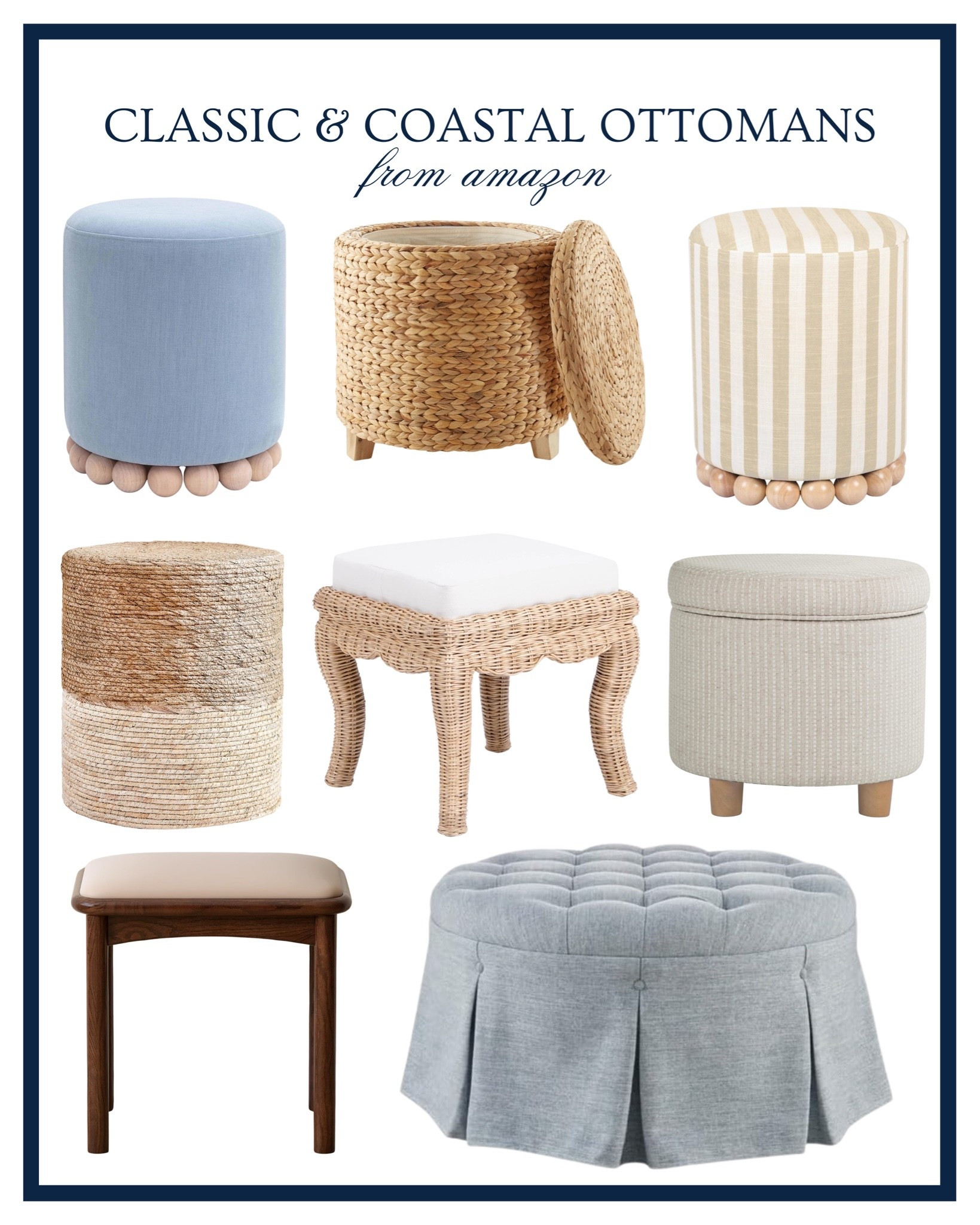 Classic and coastal ottomans from Amazon 🤍 Amazon home, coastal home, classic home, coastal ottoman, classic ottoman, woven ottoman, storage ottoman, blue ottoman